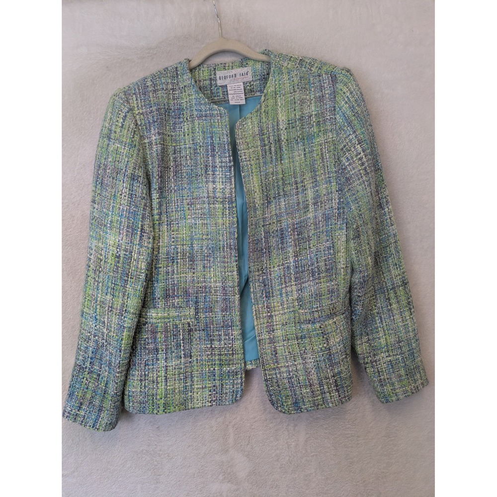 Bedford‎ Fair Tweed Blazer Women's 10 Blue Green Open Front Collarless